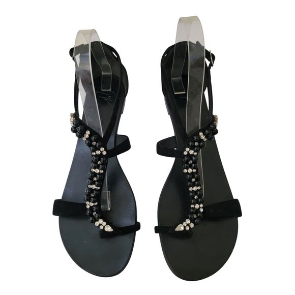Giuseppe Zanotti Black Leather Strappy Crystal Beaded Flat Sandals Women's Sz 41 - Picture 2 of 9